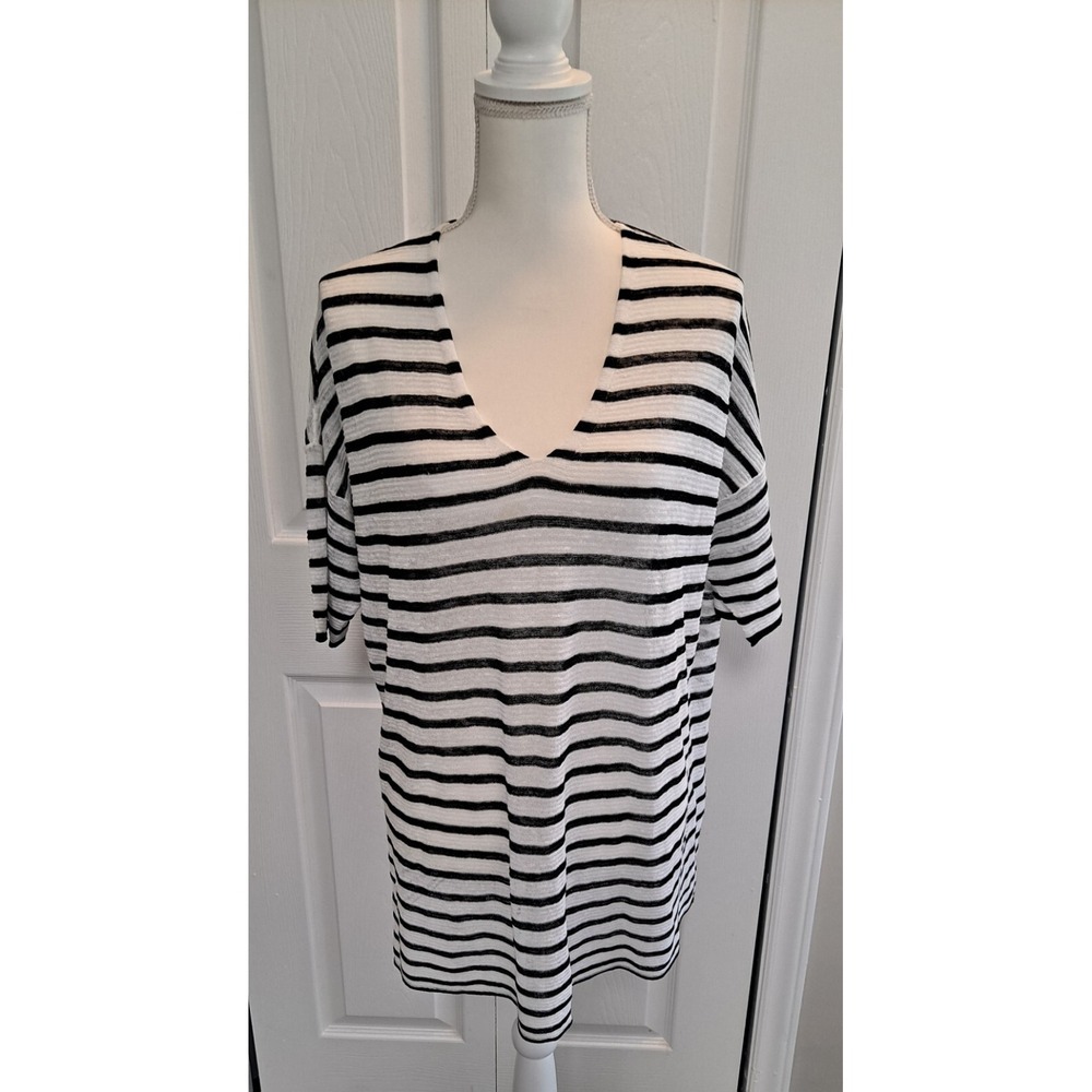 Eileen Fisher Organic Linen Nylon Oversized Nautical Striped White Black Tunic M